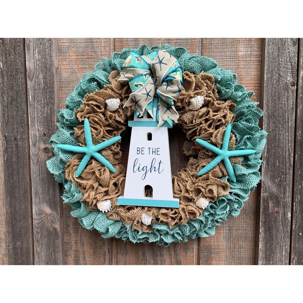 Coastal Nautical Ruffled Lighthouse Burlap Wreath - Be the Light - New Handmade
